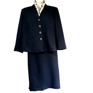 Vintage Navy Blue Womens Blazer & Skirt Suit Set Gold Button Details